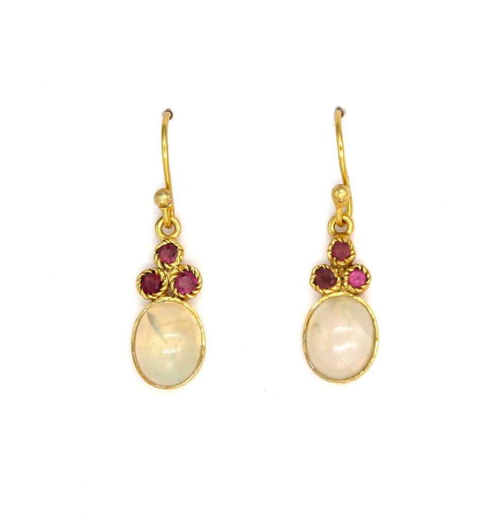Red Tourmaline and Opal Drop Earrings