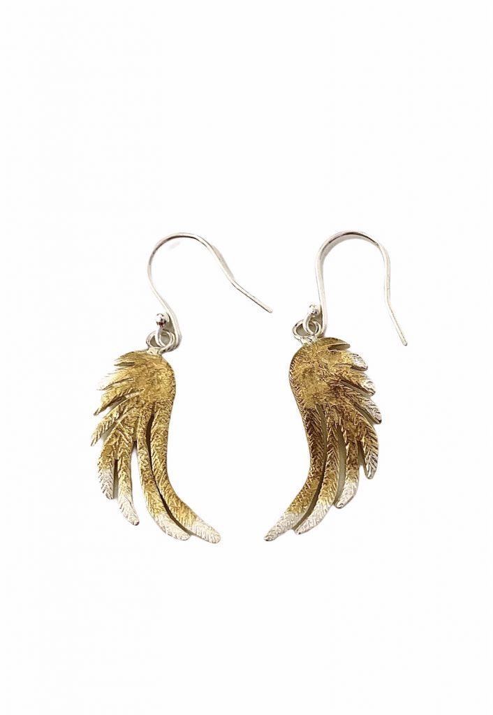 Silver Dangly Feather Earrings with Gold Plating (large)