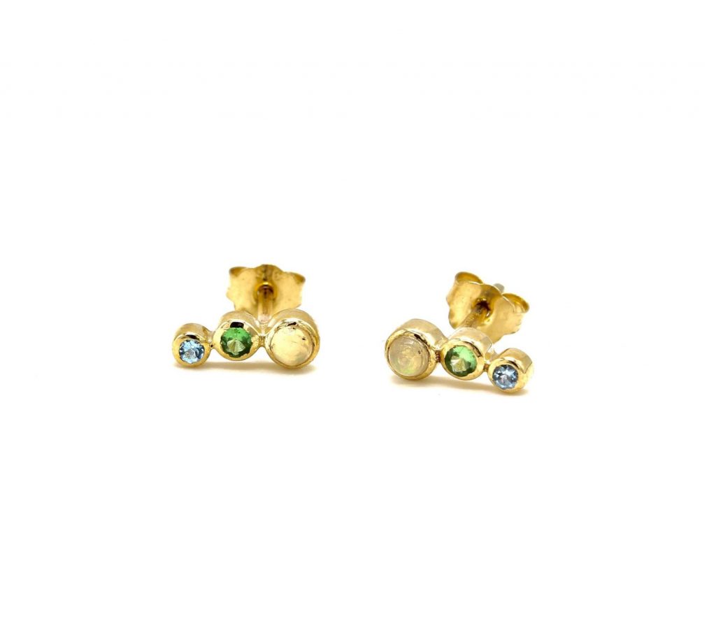 three stone earrings gold opal tsavorite sapphire