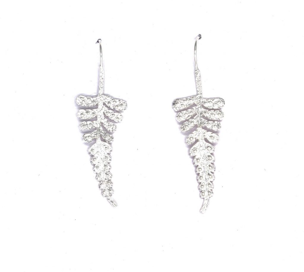 silver fern leaf drop earrings