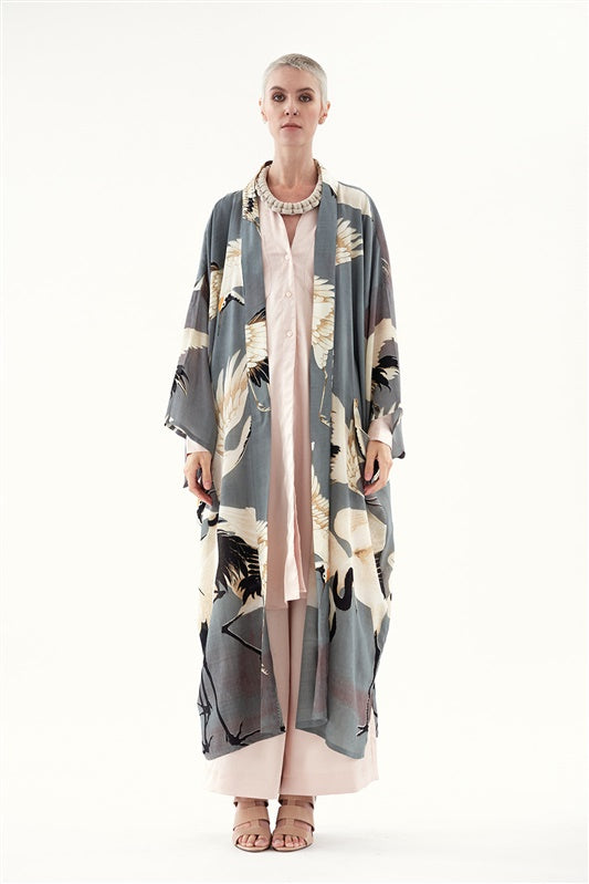2nd Lifestyle Shot Long Grey Stork Crepe Kimono