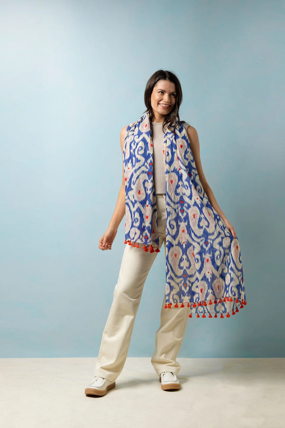 One Hundred Stars Ikat Cobalt Blue Scarf With Tassels Armed & Handmade Jewellery UK